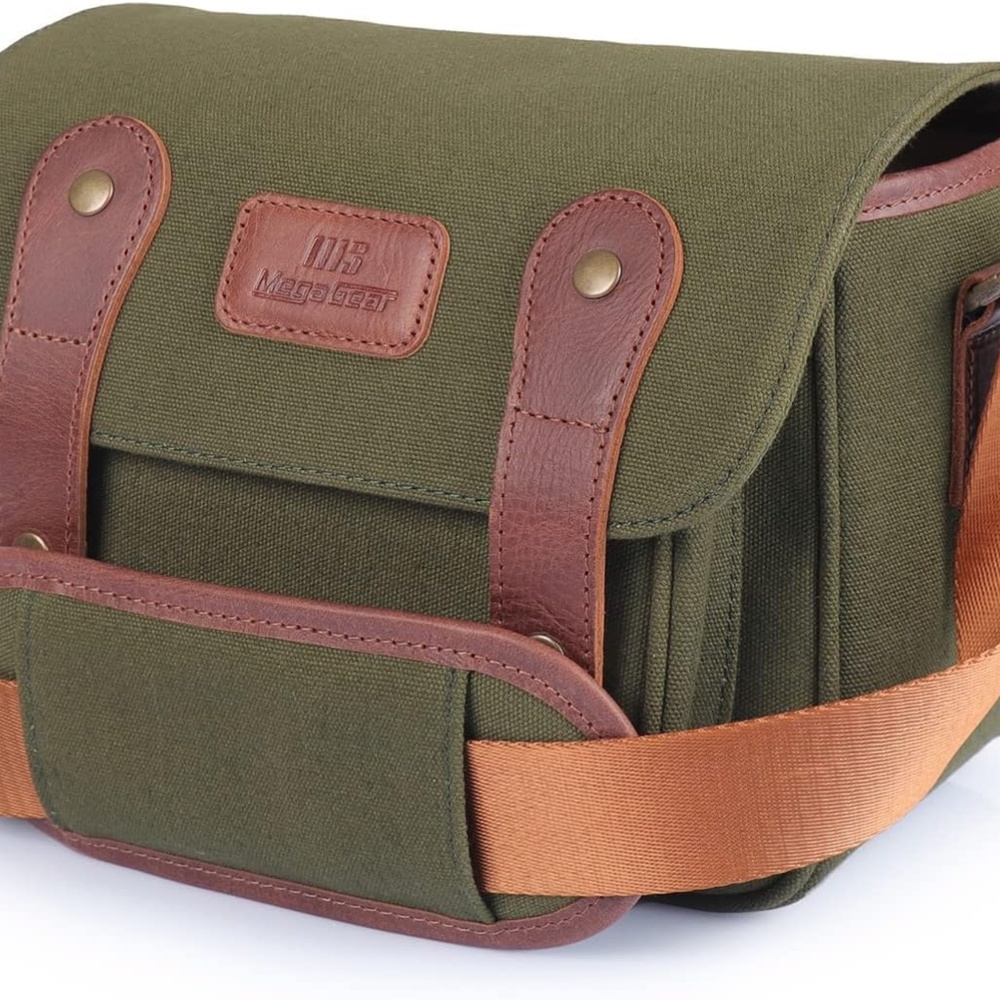 Green Camera Bag with Brown Accents